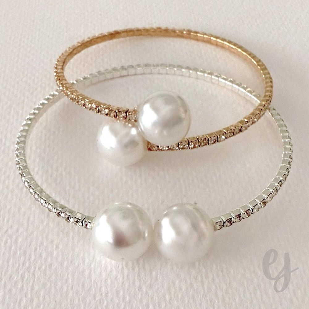 Set of 2 Open Cuff Bangle Bracelets with Pearl Closure in Silver and Gold Tone